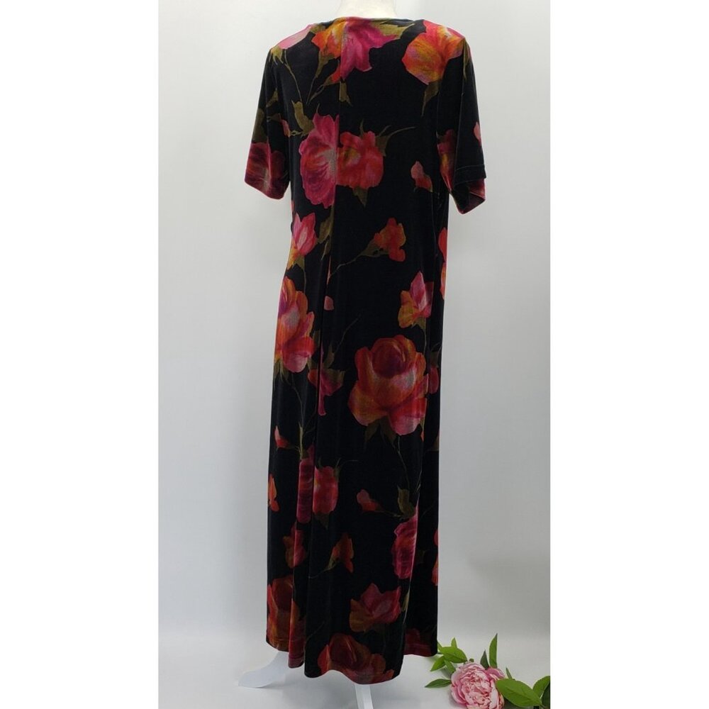Vintage Los Angeles Woman Velvet Maxi Dress Size 14 Black Floral Faux Wrap - Picture 6 of 8